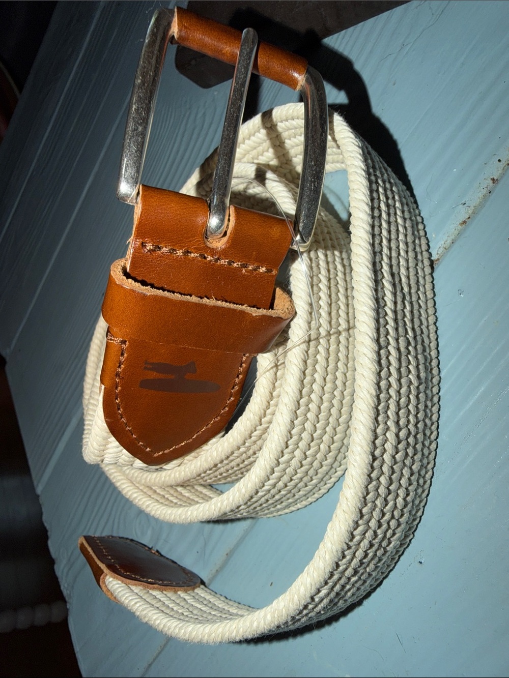 johnnie-O Cream Woven Belt with Tan Leather Trim